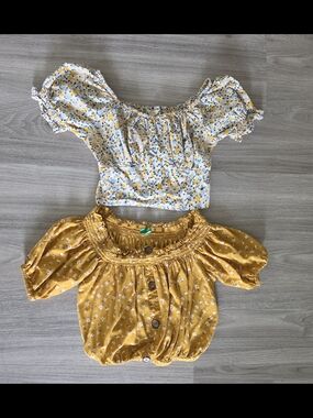 Set of Two Off-Shoulder Crop Tops - Yellow & White